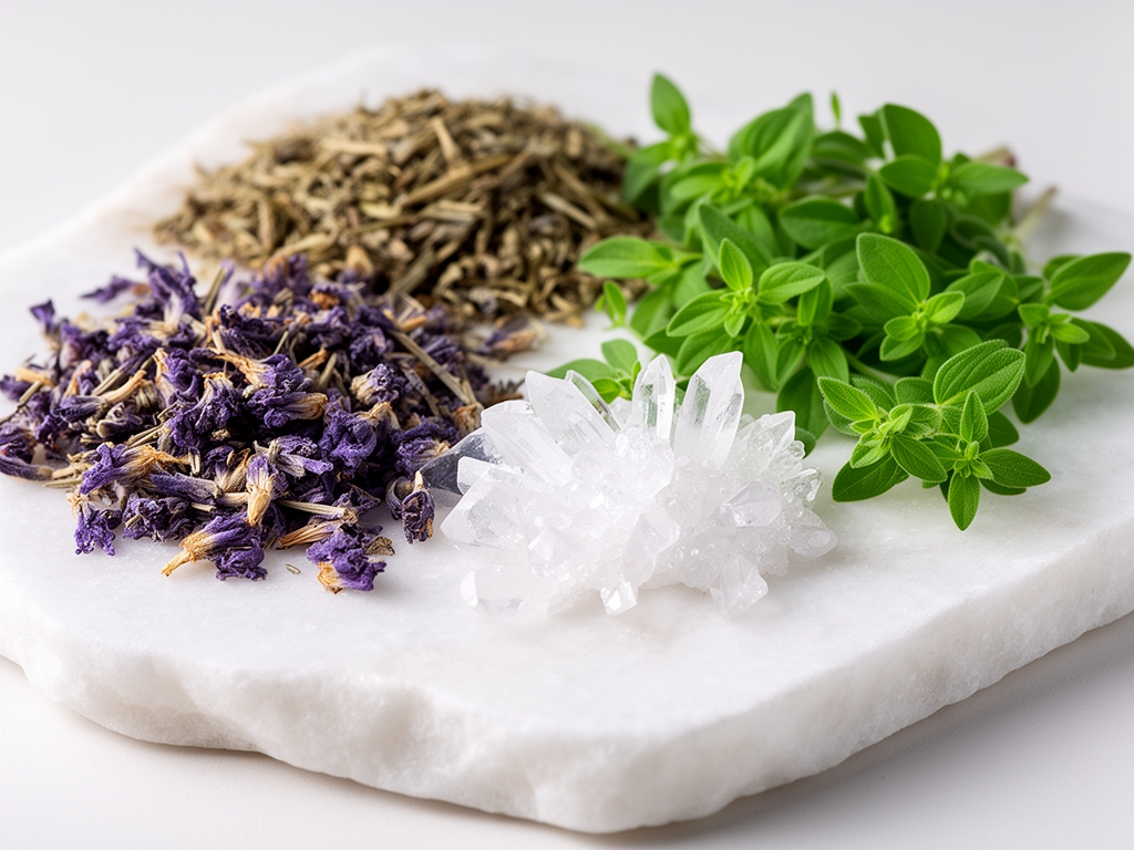 Makro snimak razlicitih biljnih ekstrakata i prirodnih sastojaka: suvo biljno cvece, kristali minerala i zelene biljke na beloj kamenom podlozi, naturalisticka fotografija