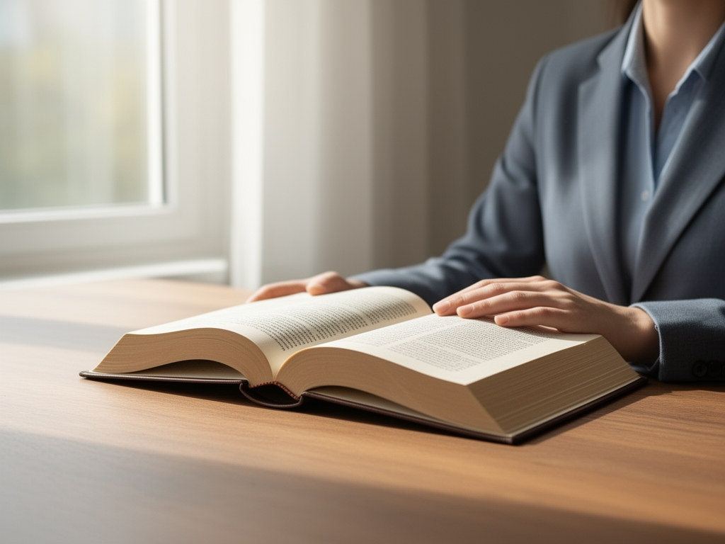 Osoba cita naucnu knjigu za stolom u mirnom svetlom ambijentu, difuzno popodnevno svetlo kroz prozor, bez prikazivanja lica