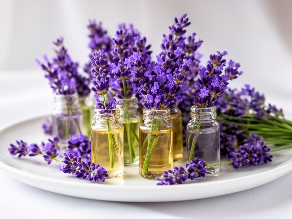 Suvi lavandin cvast i eteericna ulja u malim staklenim bocicama na belom platnu, elegantna naturalisticka fotografija
