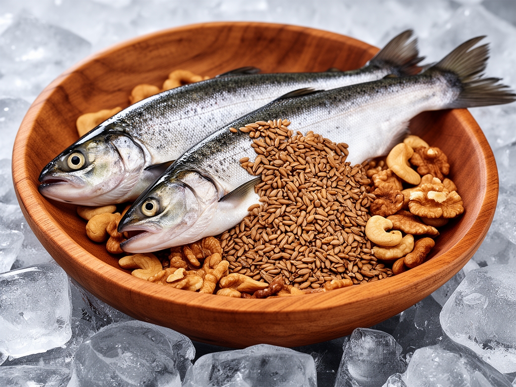 Sveze riba na ledu zajedno sa lanenim semenkama i orasima u drvenoj zdeli, naturalisticka fotografija hrane bogata omega kiselinama